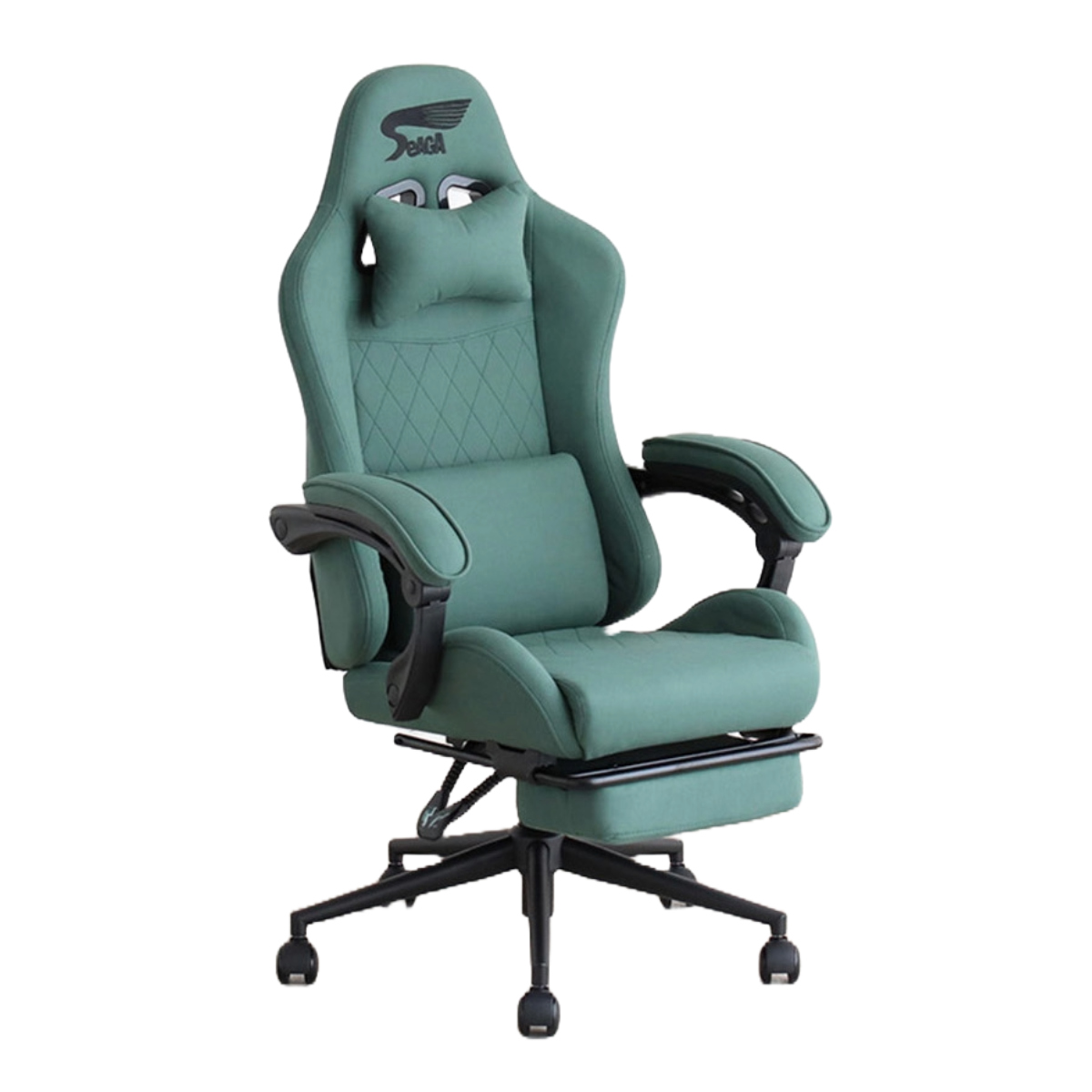 ゲーミングチェア 座面高47.5~53cm フットレスト付き SeAGA ( チェア ゲーム 椅子 リクライニング 170度 デスクチェア 肘置き 極厚座面 疲れにくい ネッククッション付き ランバーサポート 高さ調整 レザー調 ファブリック ) 【グリーン】 グリーン