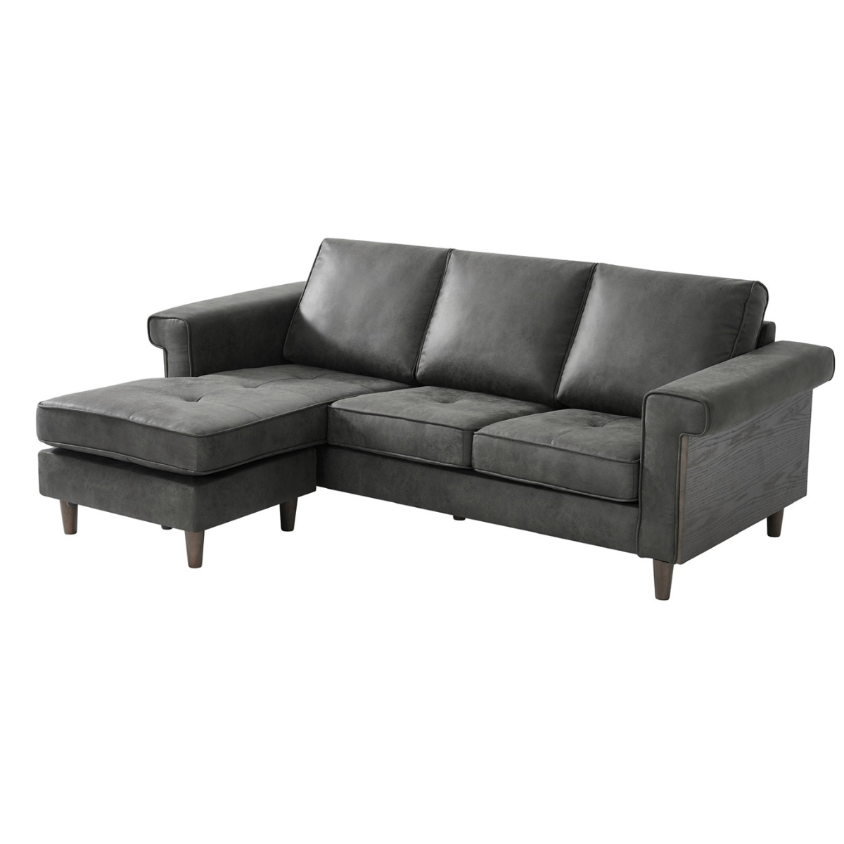 カウチソファ 幅195cm 3人掛け グラン ( ソファ リビングソファ 脚付き アームソファ コーナーソファ オットマン レイアウト自由 レザー調 ローソファ ソファー 木製脚 天然木 ファブリック 肘掛け ) 【ダークグレー】 ダークグレー