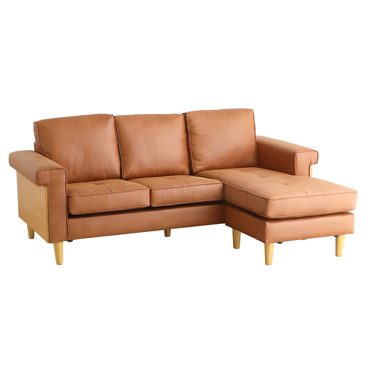 カウチソファ 幅195cm 3人掛け グラン ( ソファ リビングソファ 脚付き アームソファ コーナーソファ オットマン レイアウト自由 レザー調 ローソファ ソファー 木製脚 天然木 ファブリック 肘掛け ) 【キャメル】 キャメル