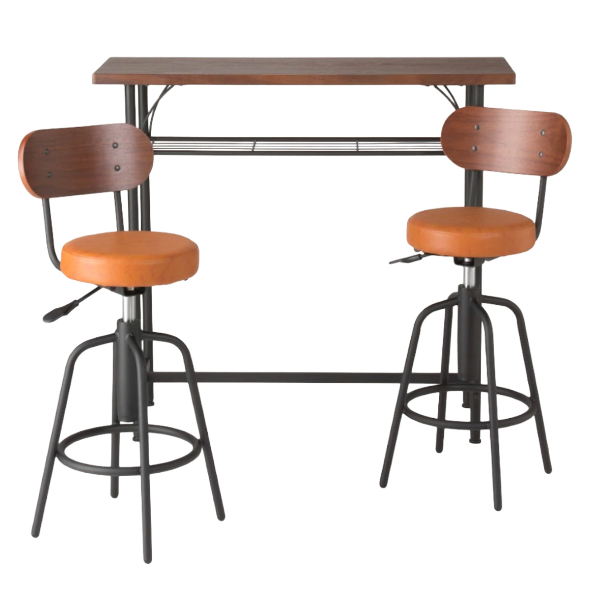 カウンターテーブル チェア 3点セット ( 3点 セット テーブル 椅子 カウンター チェア バー ダイニング 360度 回転 高さ調節 バーチェア スチール脚 収納 棚付き おしゃれ カフェ風 ヴィンテージ調 ) 【キャメルブラウン】 キャメルブラウン