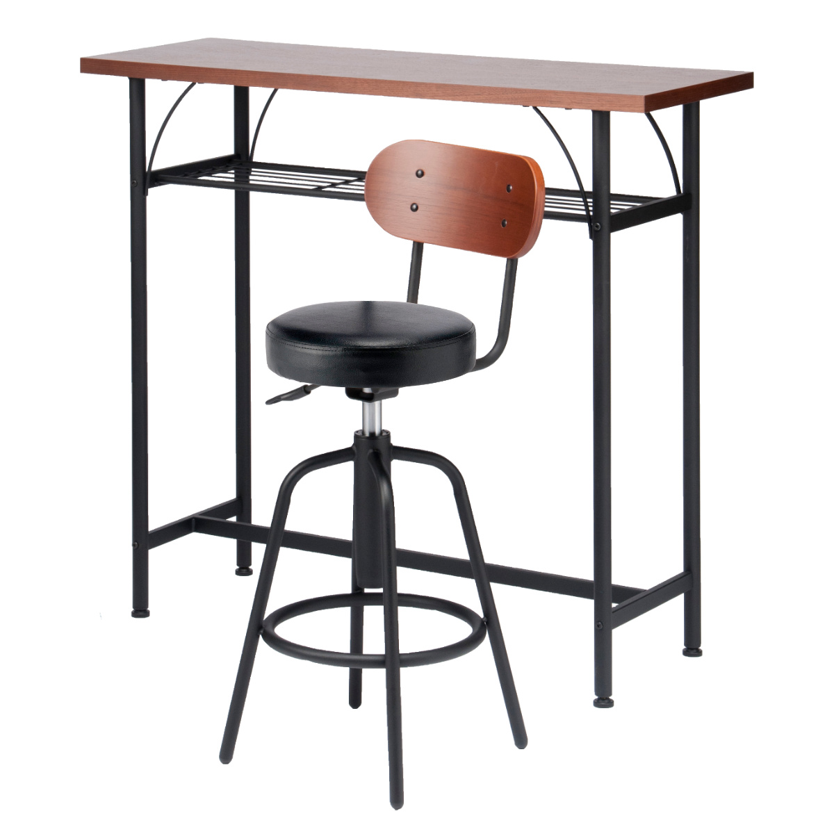 カウンターテーブルセット 2点セット 1人掛け 幅100cmテーブル×1 カウンターチェア×1 ( バーチェア セット テーブル 奥行 35cm スリム 椅子 回転 高さ調節 チェア 机 棚付き 小物置き 背もたれ付き 丈夫 簡単組立 木製 おしゃれ ) 【ブラック】 ブラック