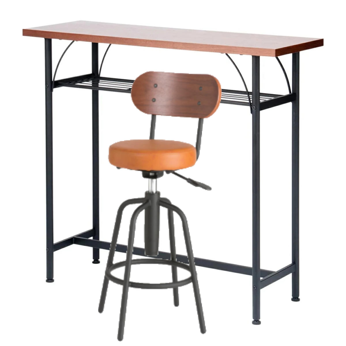 カウンターテーブルセット 2点セット 1人掛け 幅100cmテーブル×1 カウンターチェア×1 ( バーチェア セット テーブル 奥行 35cm スリム 椅子 回転 高さ調節 チェア 机 棚付き 小物置き 背もたれ付き 丈夫 簡単組立 木製 おしゃれ ) 【キャメルブラウン】 キャメルブラウン