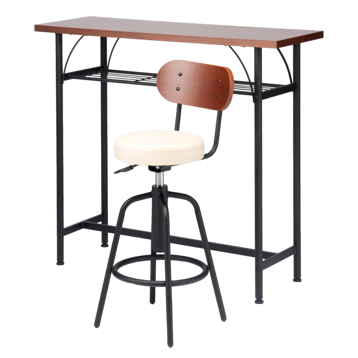 カウンターテーブルセット 2点セット 1人掛け 幅100cmテーブル×1 カウンターチェア×1 ( バーチェア セット テーブル 奥行 35cm スリム 椅子 回転 高さ調節 チェア 机 棚付き 小物置き 背もたれ付き 丈夫 簡単組立 木製 おしゃれ ) 【アイボリー】 アイボリー