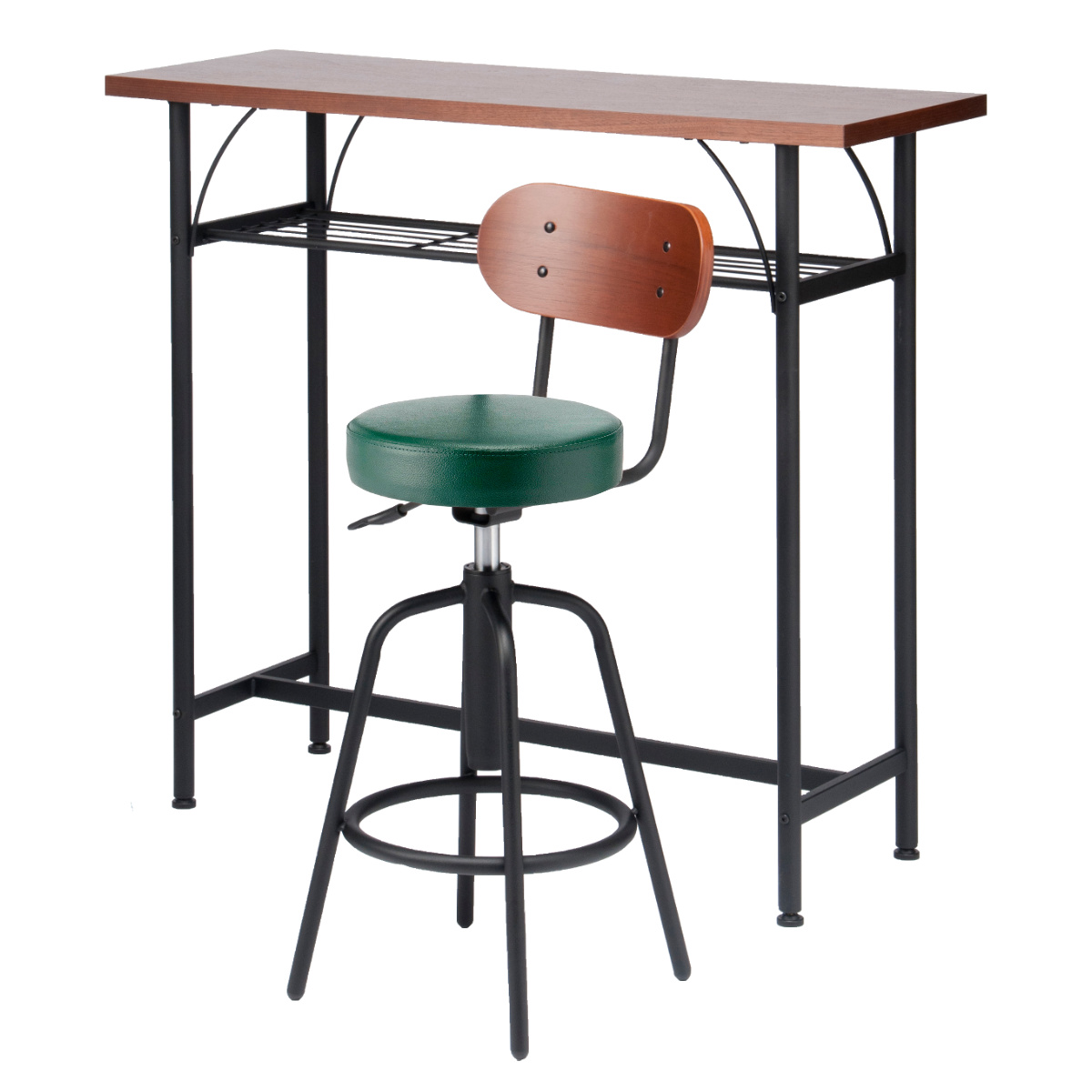 カウンターテーブルセット 2点セット 1人掛け 幅100cmテーブル×1 カウンターチェア×1 ( バーチェア セット テーブル 奥行 35cm スリム 椅子 回転 高さ調節 チェア 机 棚付き 小物置き 背もたれ付き 丈夫 簡単組立 木製 おしゃれ ) 【モスグリーン】 モスグリーン