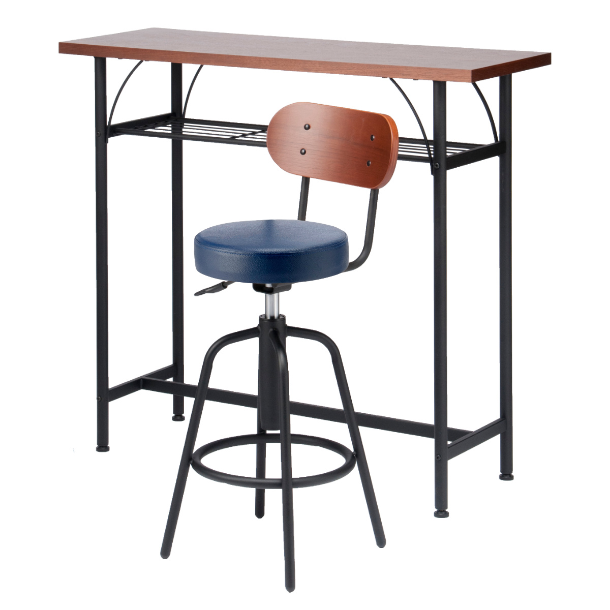 カウンターテーブルセット 2点セット 1人掛け 幅100cmテーブル×1 カウンターチェア×1 ( バーチェア セット テーブル 奥行 35cm スリム 椅子 回転 高さ調節 チェア 机 棚付き 小物置き 背もたれ付き 丈夫 簡単組立 木製 おしゃれ ) 【ネイビーブルー】 ネイビーブルー