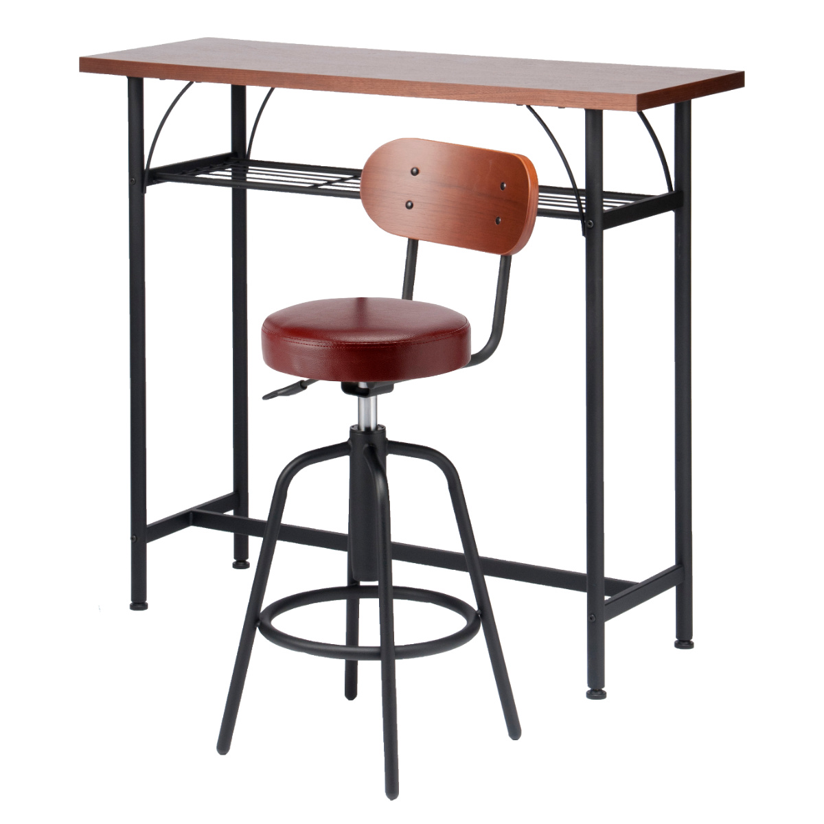 カウンターテーブルセット 2点セット 1人掛け 幅100cmテーブル×1 カウンターチェア×1 ( バーチェア セット テーブル 奥行 35cm スリム 椅子 回転 高さ調節 チェア 机 棚付き 小物置き 背もたれ付き 丈夫 簡単組立 木製 おしゃれ ) 【ワインレッド】 ワインレッド