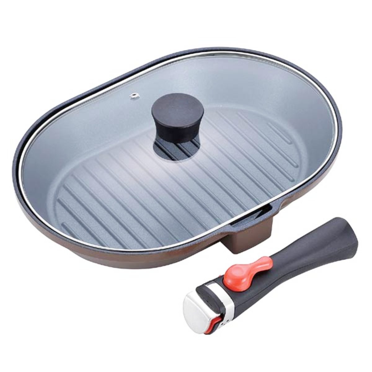 グリルパン 22×32cm IH対応 マローネシェフ 取っ手が取れる 着脱ハンドル付き オーバルパン ( ガス火対応 グリルフライパン フライパン ガラス蓋付き グリルプレート アルミ製 アルミ鍋 魚焼き器 調理器具 キッチン用品 )