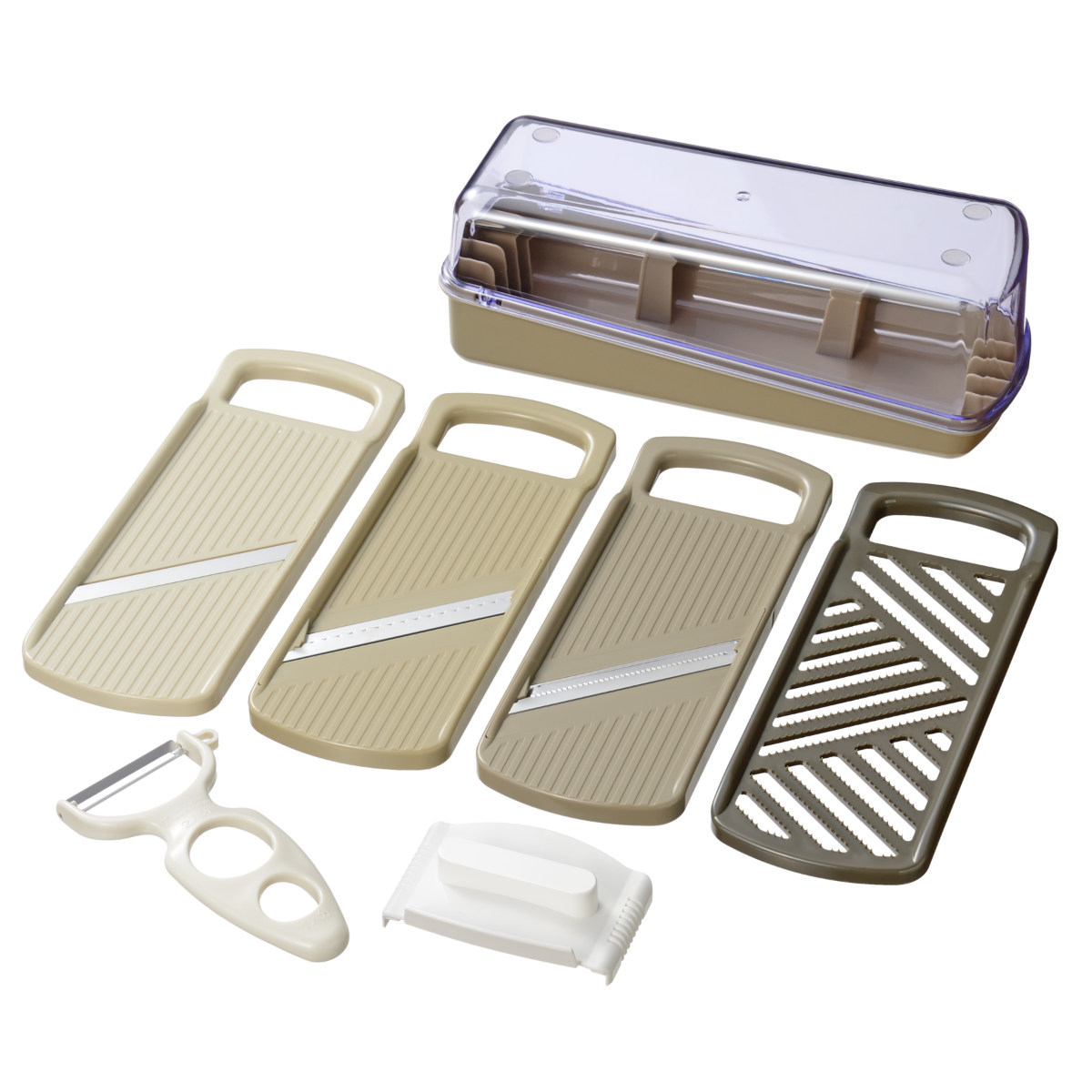 モットプラス マルチスライサー&三徳ピーラーセット 8点セット ( 調理器セット スライサー おろし器 受け皿 安全ホルダー 日本製 千切り器 おろし金 スライス 大根おろし 薬味おろし つま切り 千切り ピーラー ケース付き )