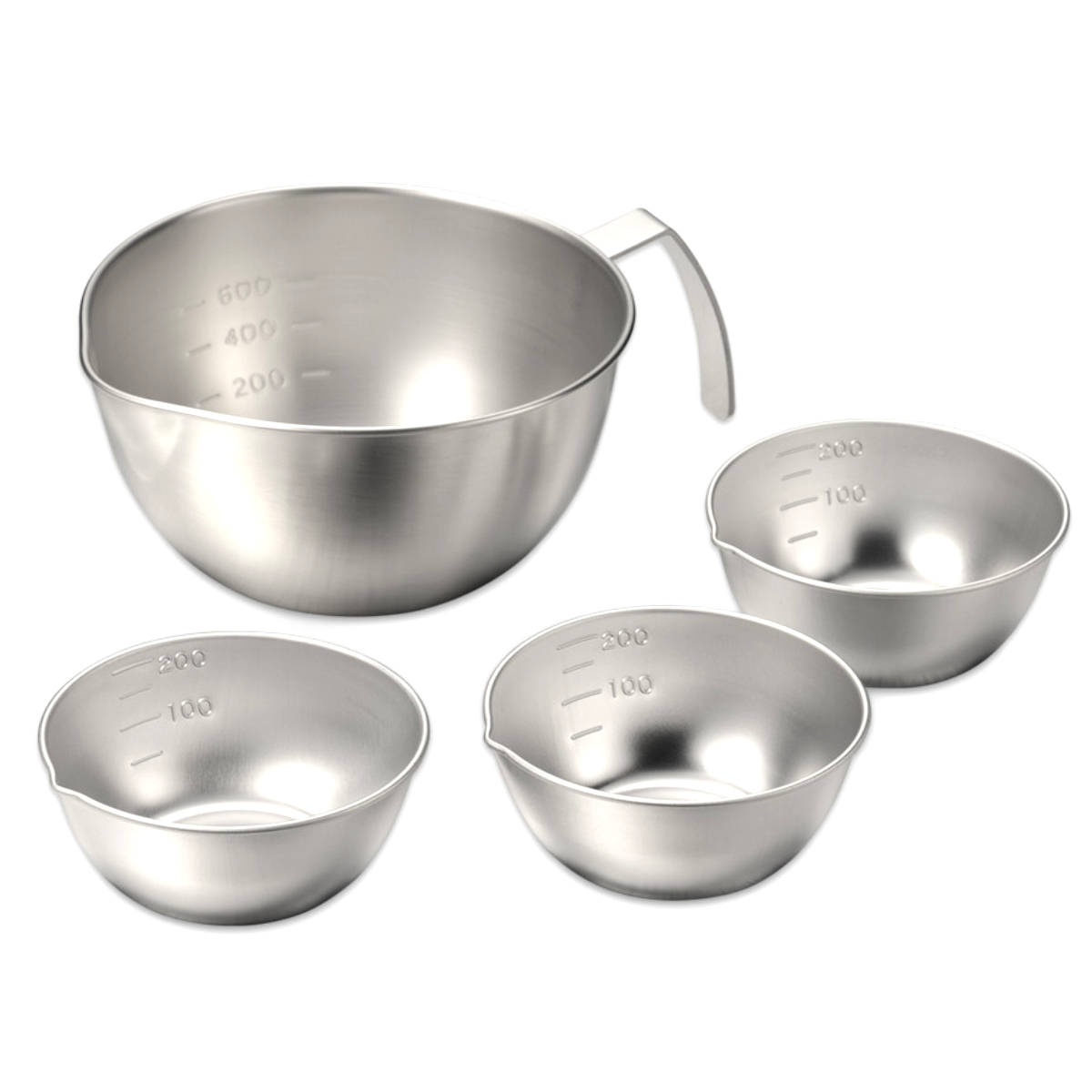 手付きボウル&小分けボウル 15cm 10cm 4点セット ステンレス製 燕三 日本製 ( 調理ボウル ステンレスボウル 調理用ボール 目盛り付き 食洗機対応 調理器具 調理ボール ステンレス製ボール 取っ手付き ハンドル付き 注ぎ口付き )