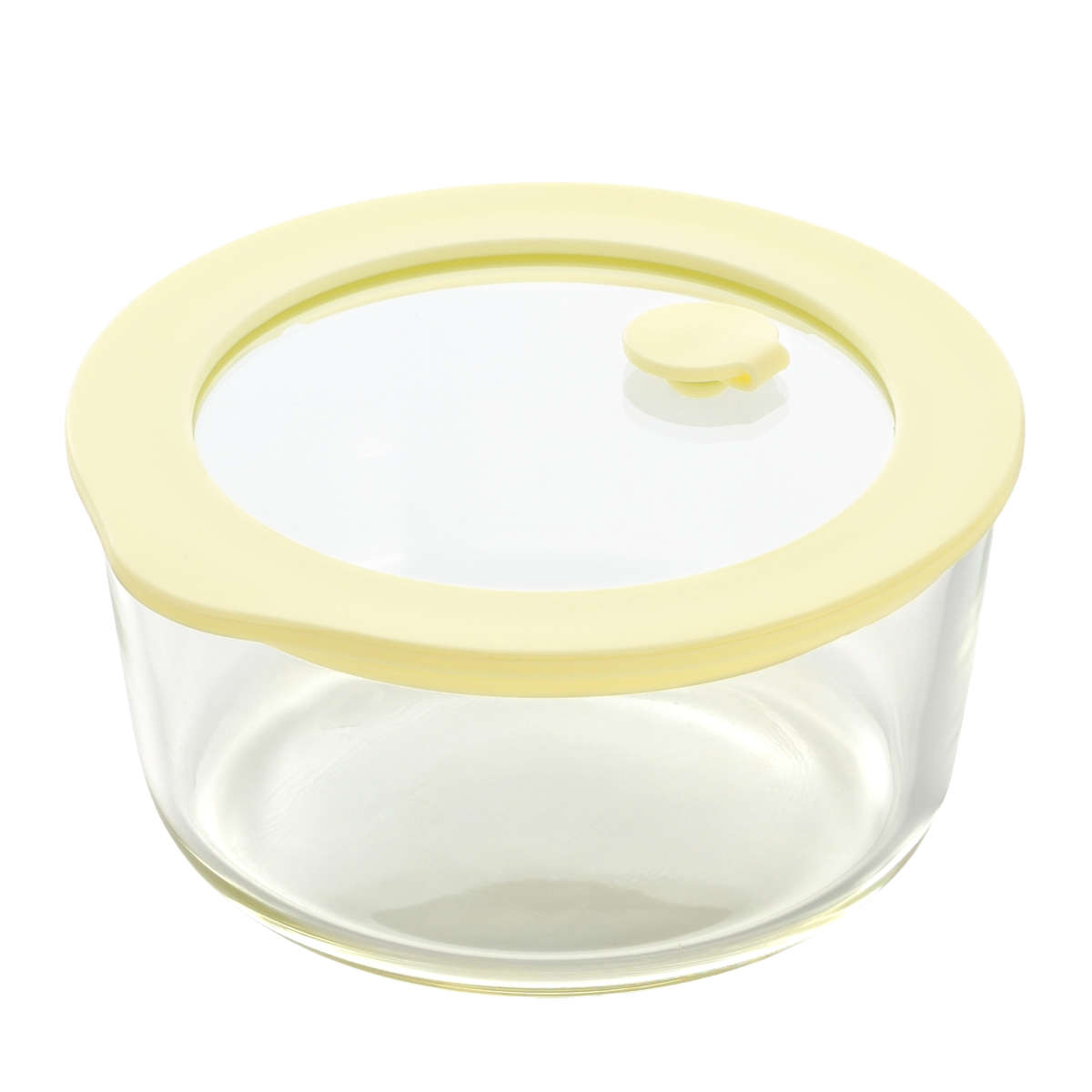 保存容器 電子レンジ対応 グラスコンテナ 500ml ライトイエロー ( ガラス 耐熱ガラス 密閉 食洗機対応 オーブン対応 冷蔵 冷凍 ガラス容器 食品保存 容器 耐熱容器 丸型 弁当箱 キャニスター 持ち運び 蓋付き 蒸気弁 )