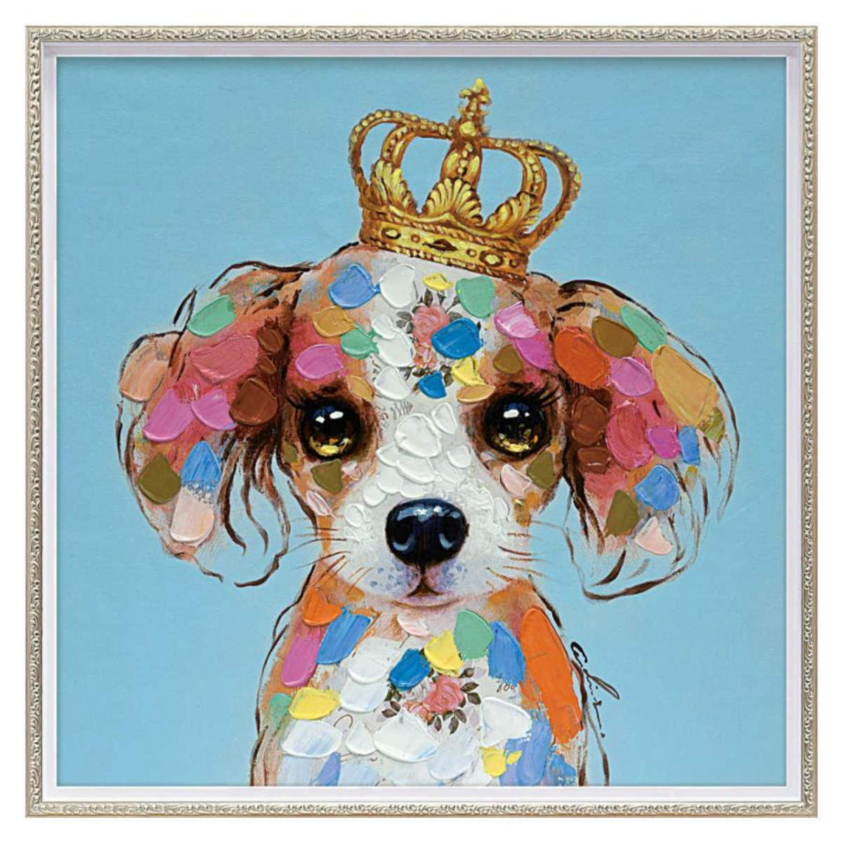 アートパネル オイルペイントアート 『キング カラフル』 63×63cm （ 絵画 絵 アート インテリア 額 額入り 壁掛け 犬 動物 カラフル  ポスター アートフレーム アートポスター ウォールアート パネル 額付き 額縁 壁飾り リビング ）